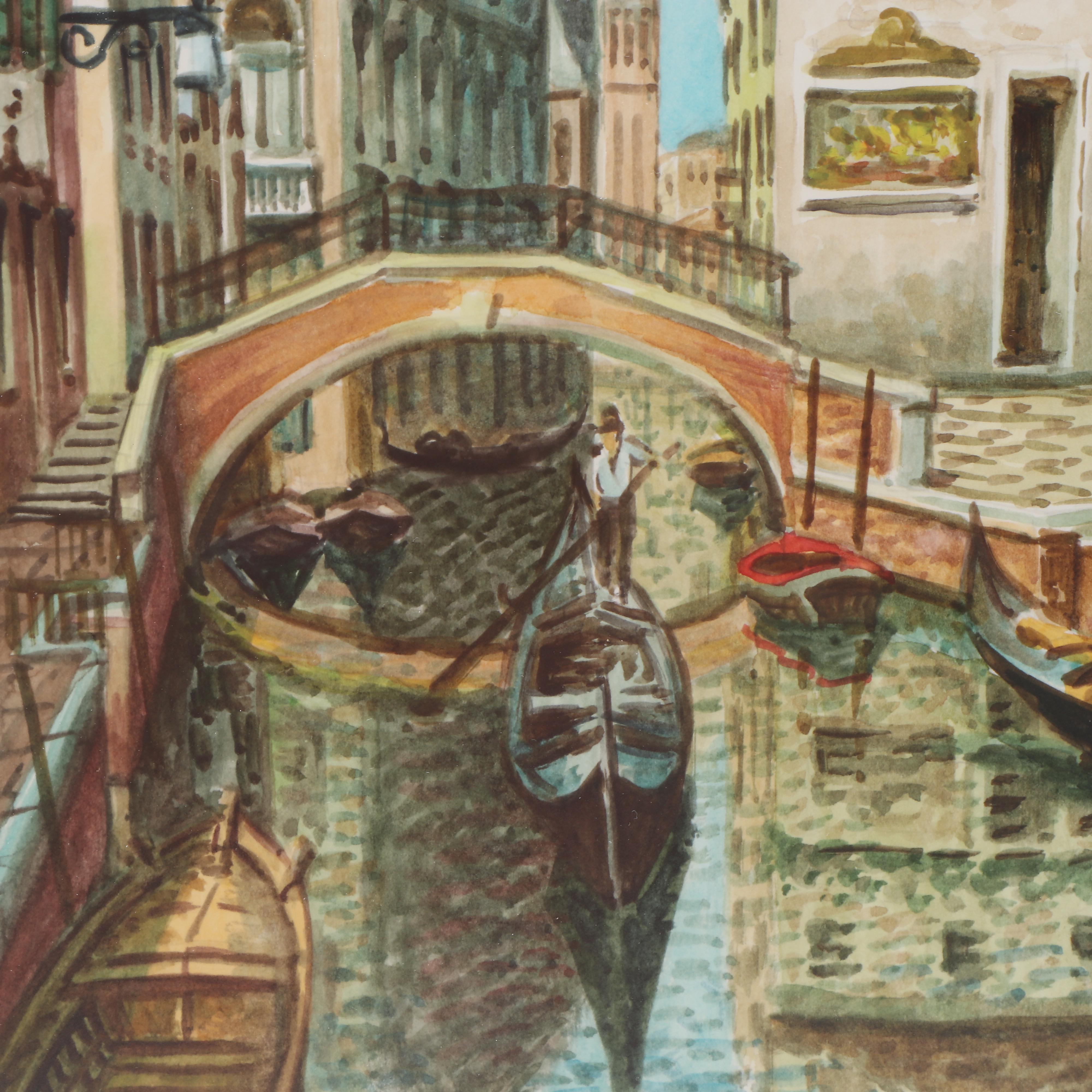 Saverio de Bello Venice Canal Gondola Watercolor Painting