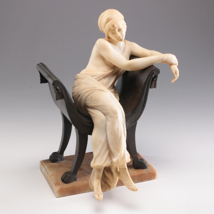 Emilio P Fiaschi Seated Woman Alabaster and Bronze Sculpture