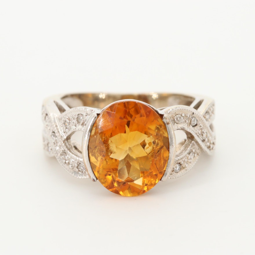 14K White Gold Citrine and Diamond Ring