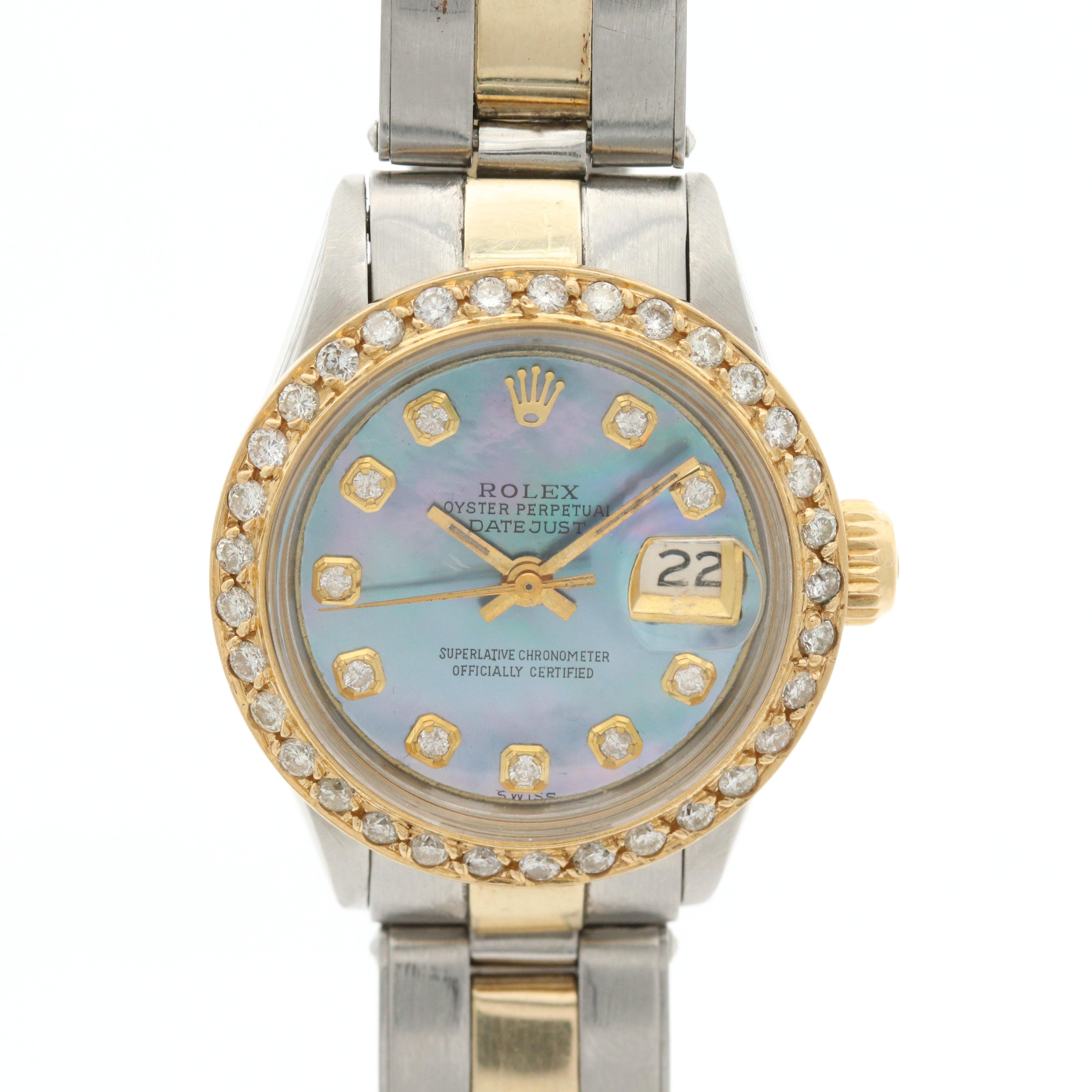Vintage Rolex Datejust 18K and Stainless Steel Watch With Diamonds, 1970