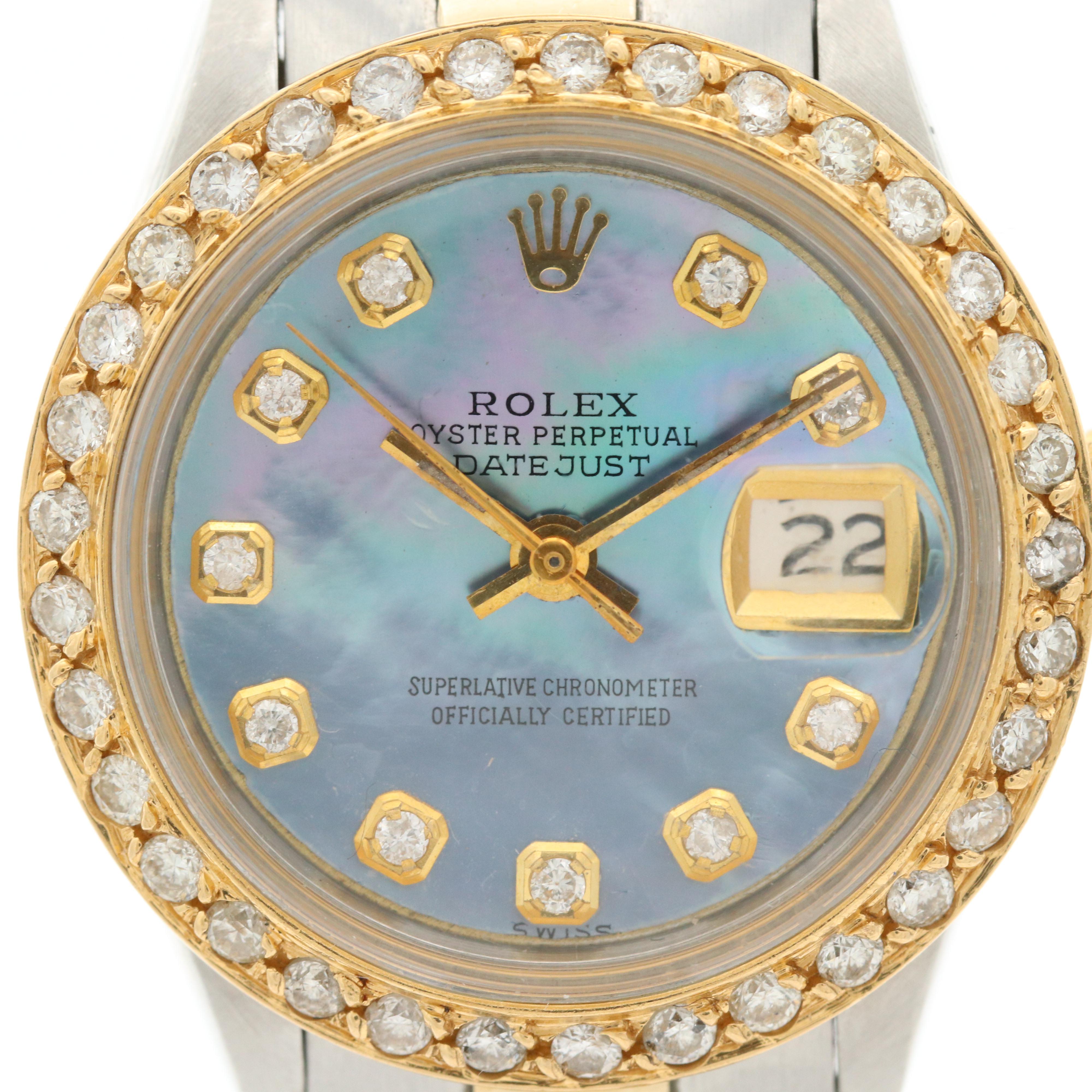 Vintage Rolex Datejust 18K and Stainless Steel Watch With Diamonds, 1970