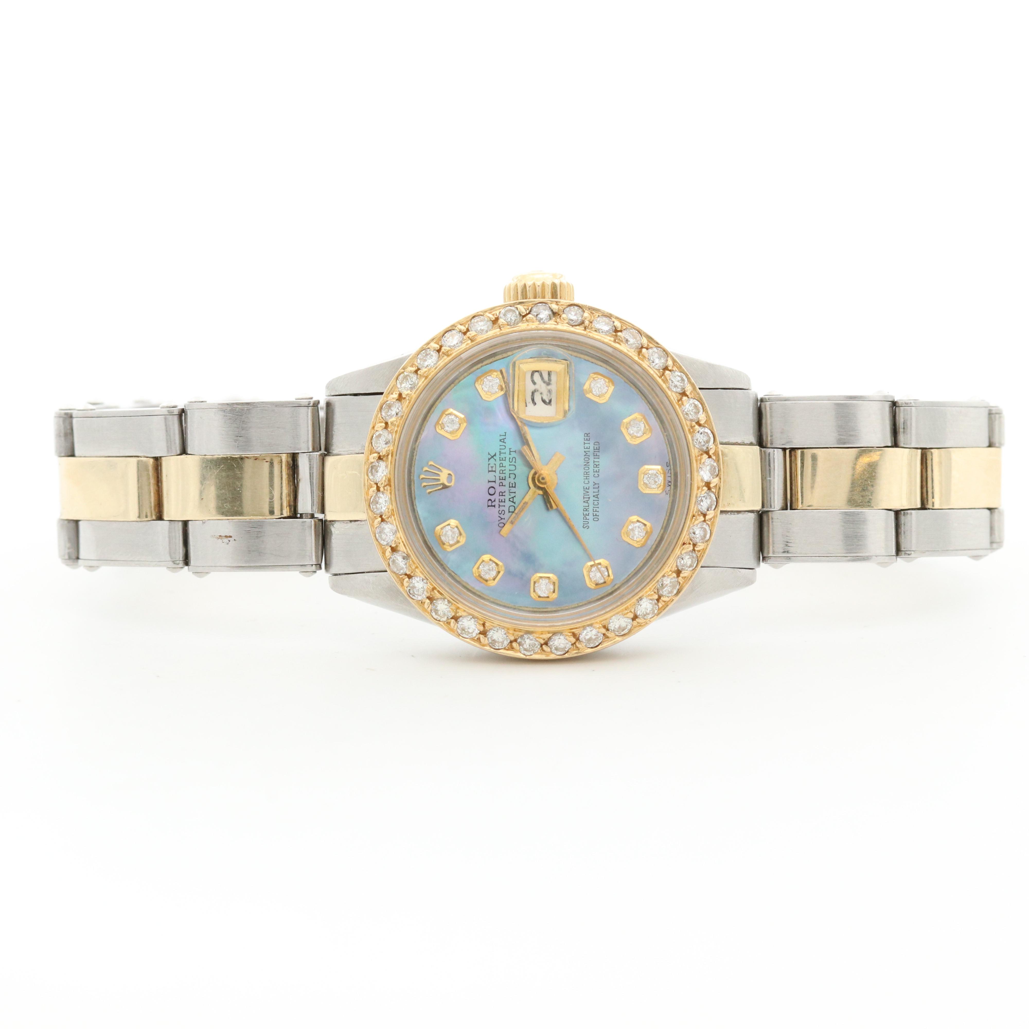 Vintage Rolex Datejust 18K and Stainless Steel Watch With Diamonds, 1970