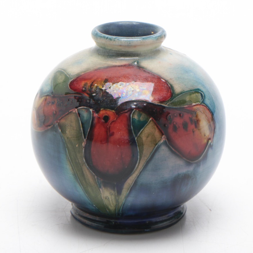 Moorcroft Hand-Painted Vase with Iris and Pansy, Early to Mid 20th Century