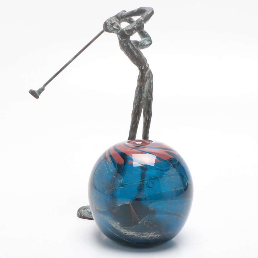 Milan Glass Orb Paperweight and Metal Abstracted Golf Figure, Mid-20th Ca.