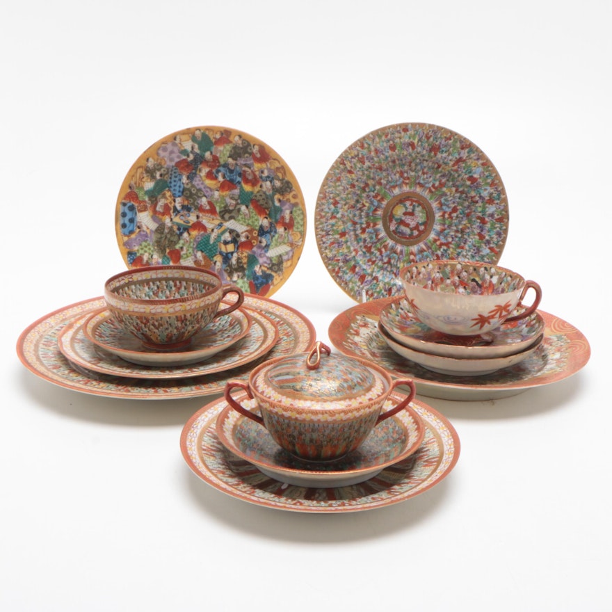 Japanese Kutani Porcelain Plates and Tea Cups, Early-Mid 20th Century