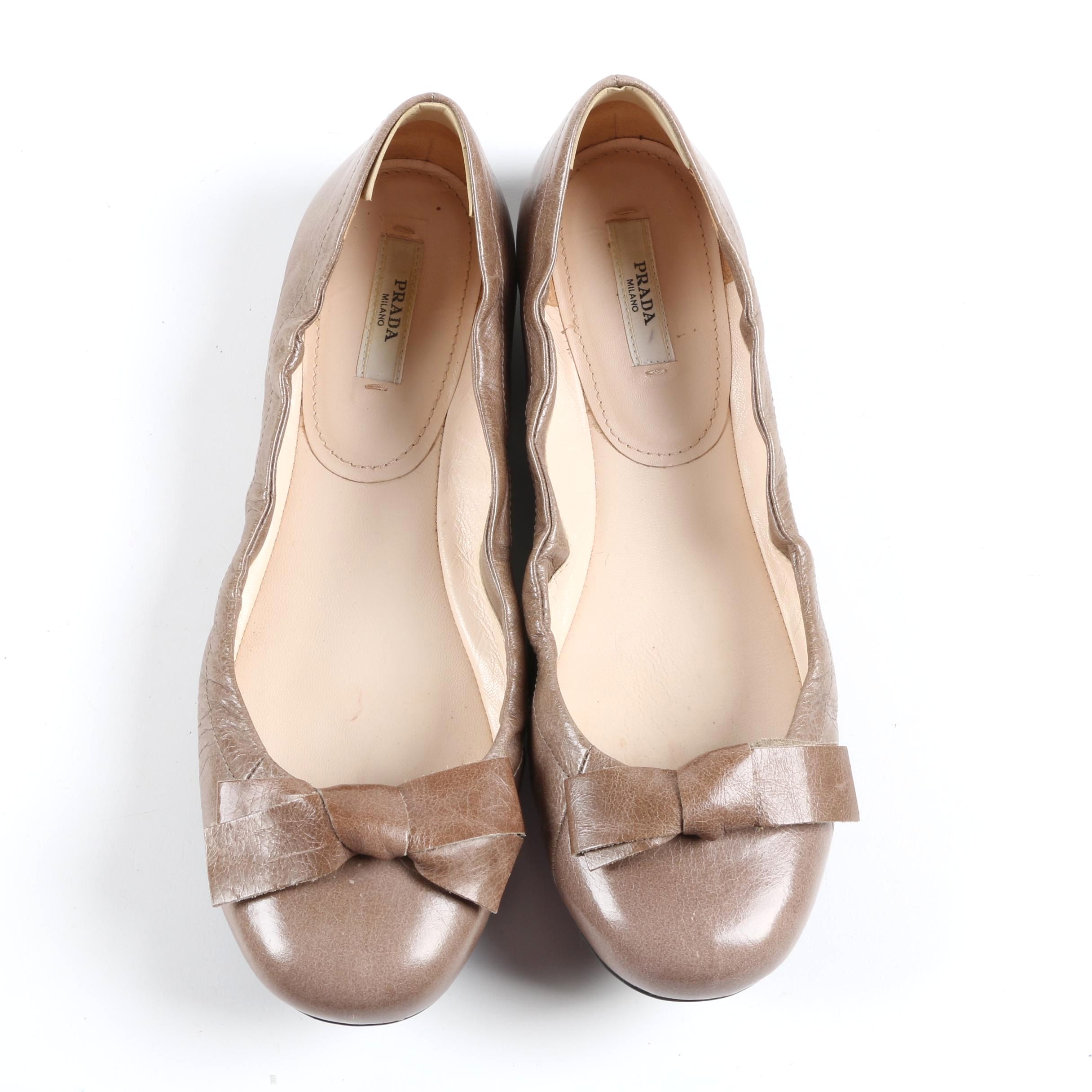 Prada Taupe Leather Flat Bow-Accented Flats