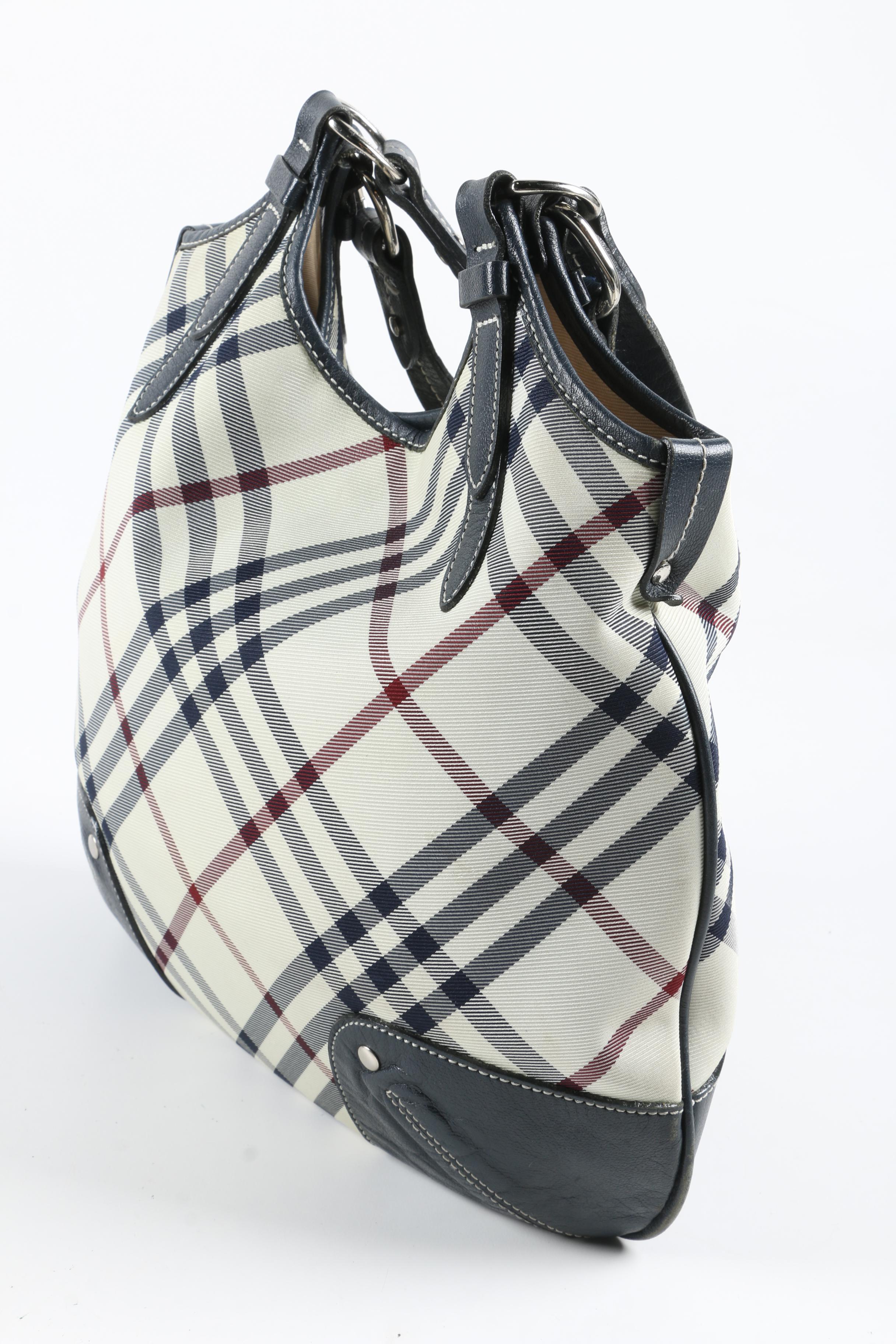 Burberry Blue Label Hobo Bag in White Nylon Plaid Canvas with Leather Trim