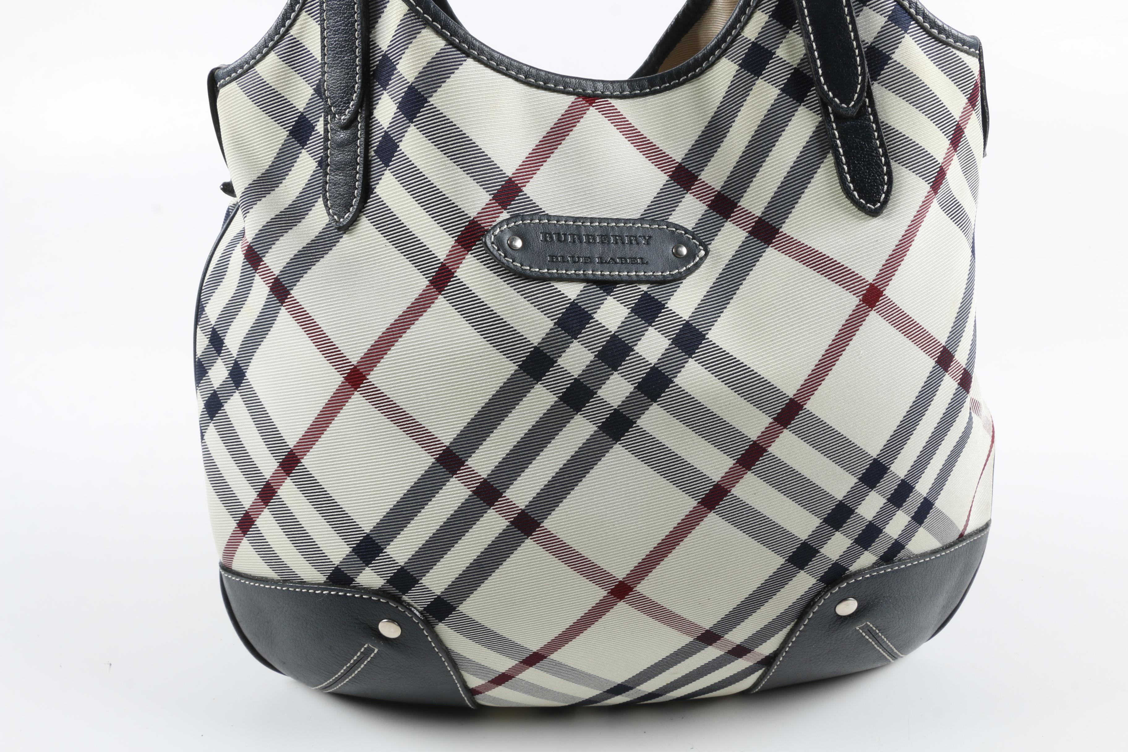 Burberry Blue Label Hobo Bag in White Nylon Plaid Canvas with Leather Trim