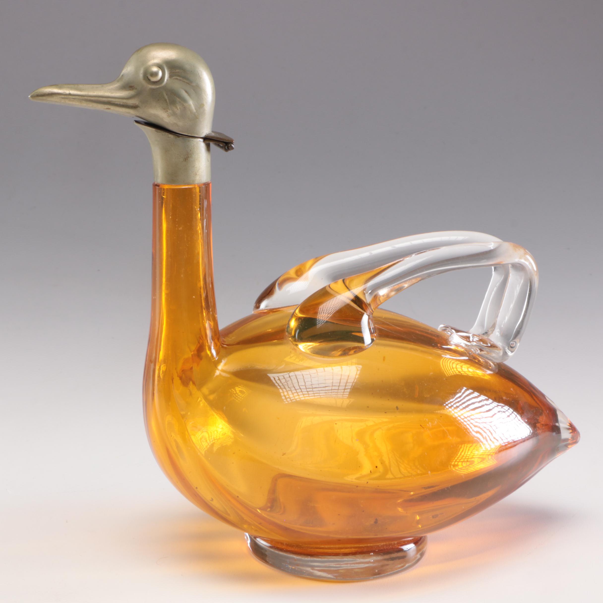 Karl Palda Czechoslovakian Amber Blown Glass Duck Claret Jug