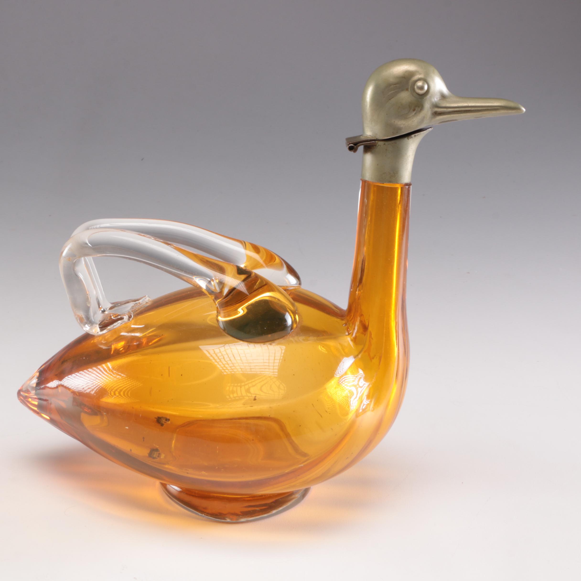 Karl Palda Czechoslovakian Amber Blown Glass Duck Claret Jug