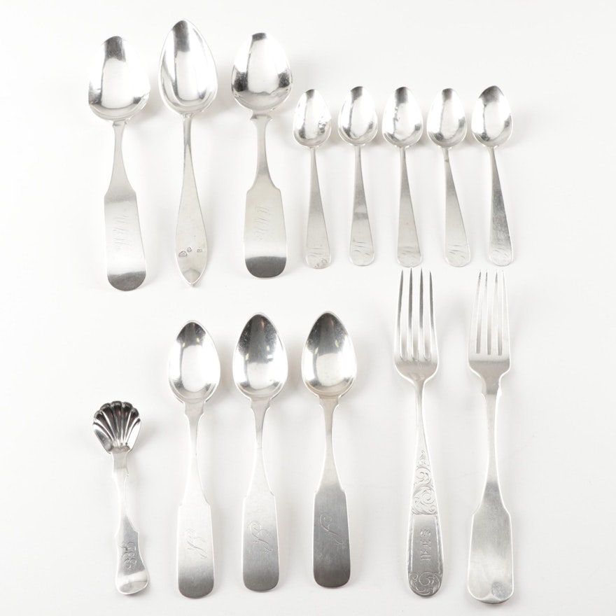 Coin Silver Flatware and Serving Utensils Including Villard and Geo. W. Webb