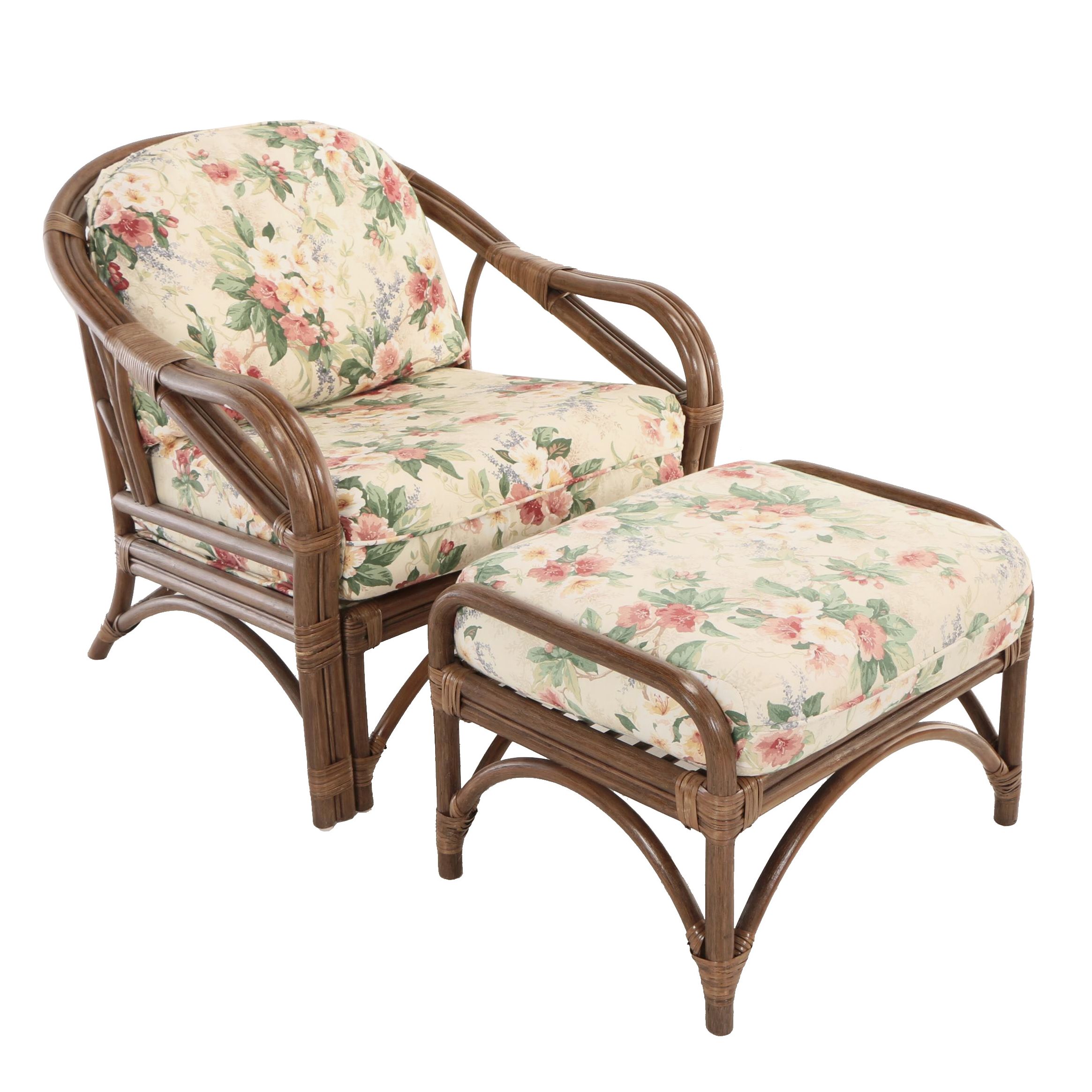 Benchcraft Furniture, Brown Rattan and Floral-Upholstered Armchair and Ottoman
