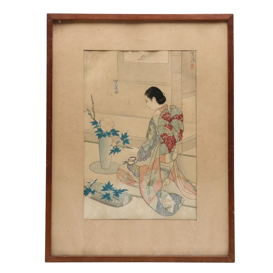 Kasamatsu Shirō Woodblock Print "Ikebana (Flower Arranging)"