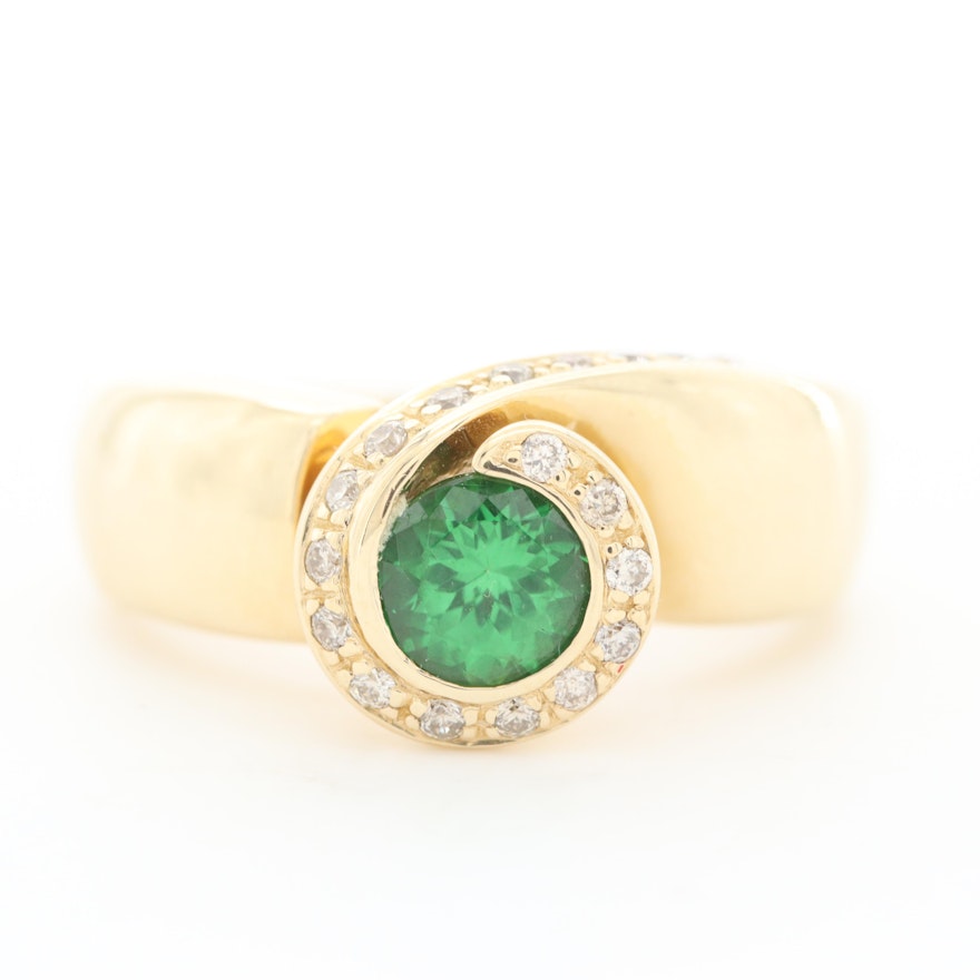 14K Yellow Gold Tsavorite and Diamond Ring