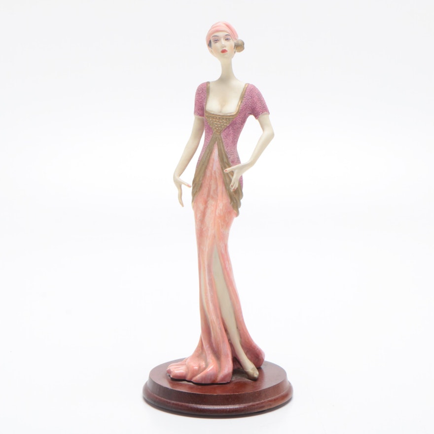Art Deco Style Composite Figurine on Wooden Base