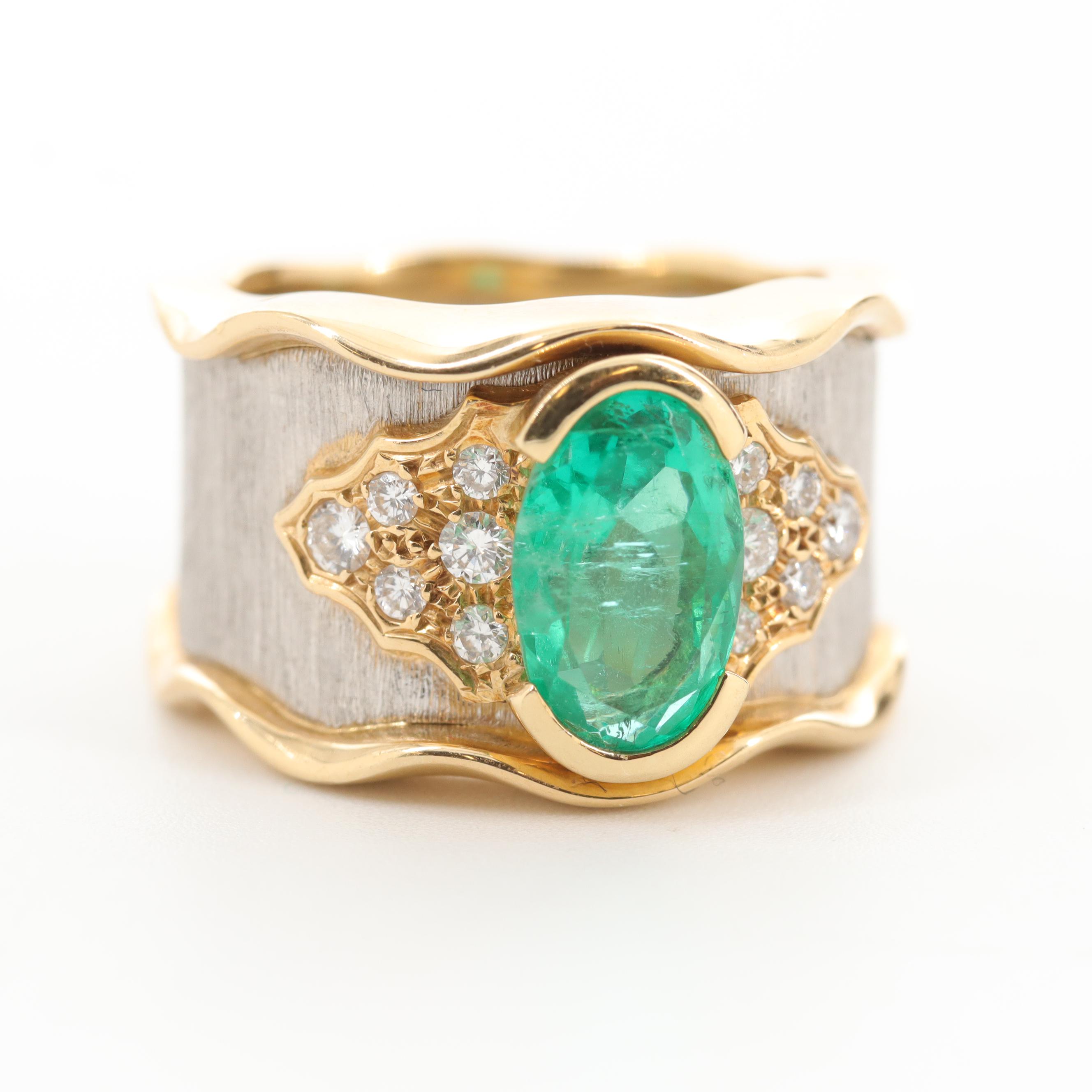 Kenji Kiuchi 18K Yellow Gold and Platinum 1.89 CT Emerald and Diamond Ring