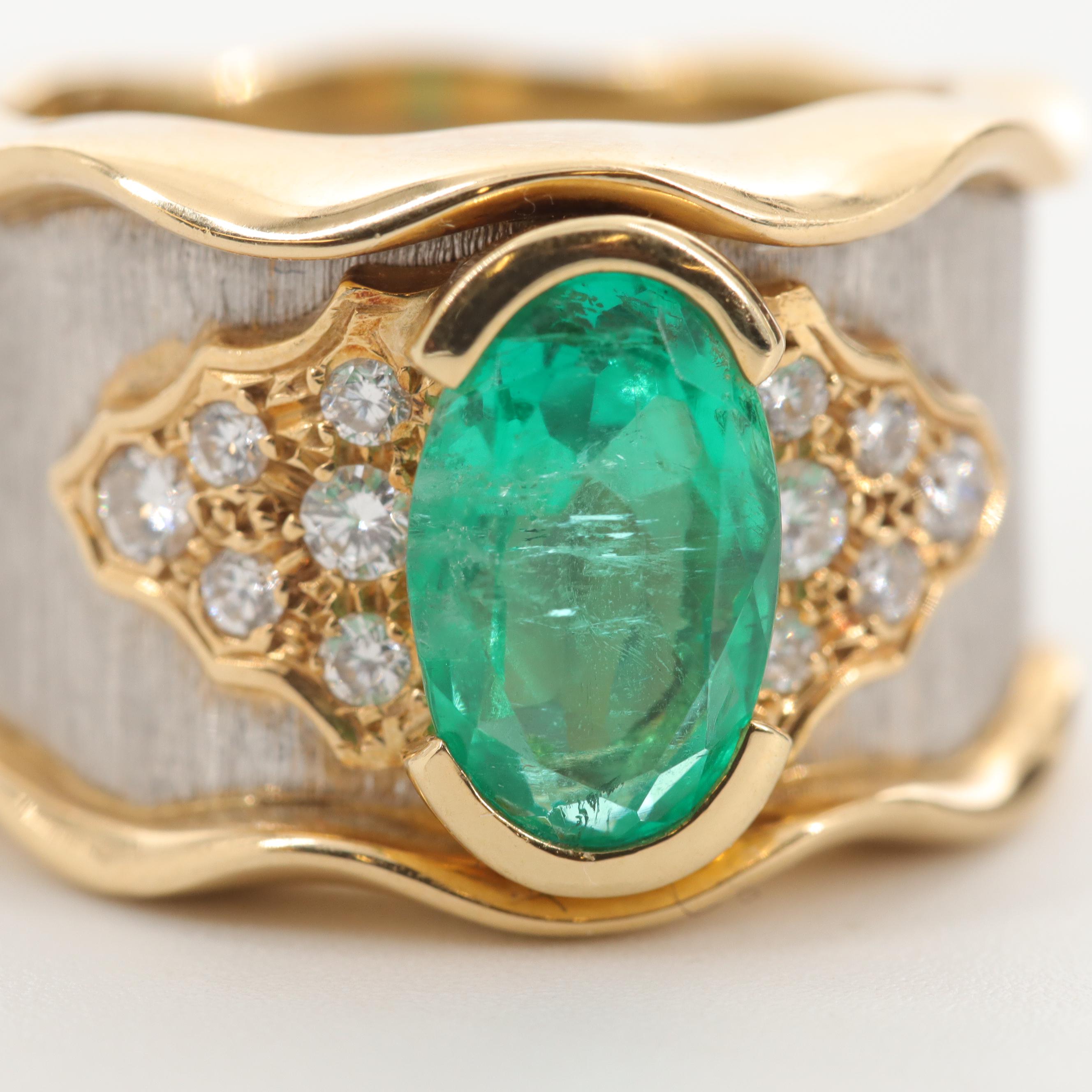 Kenji Kiuchi 18K Yellow Gold and Platinum 1.89 CT Emerald and Diamond Ring