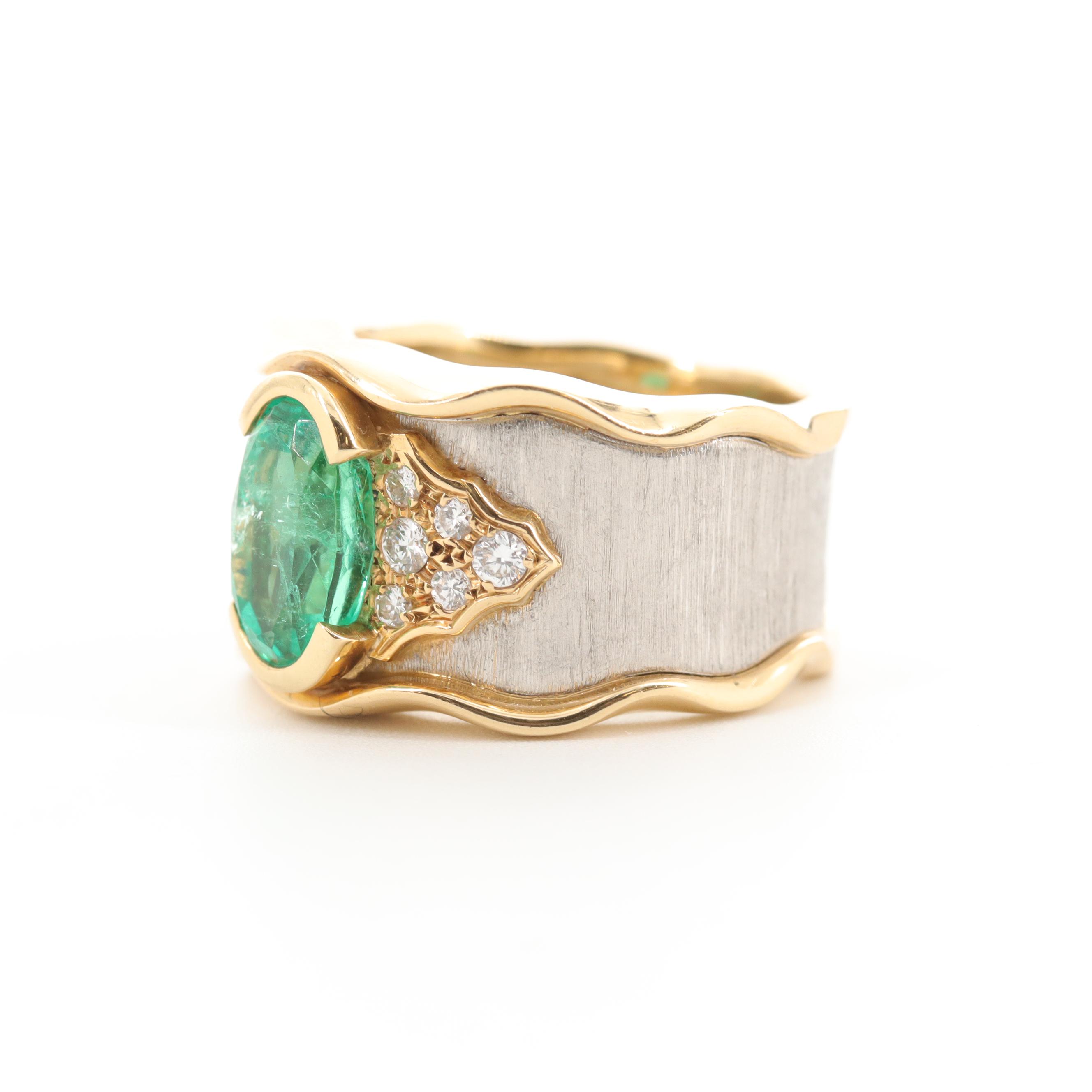 Kenji Kiuchi 18K Yellow Gold and Platinum 1.89 CT Emerald and Diamond Ring
