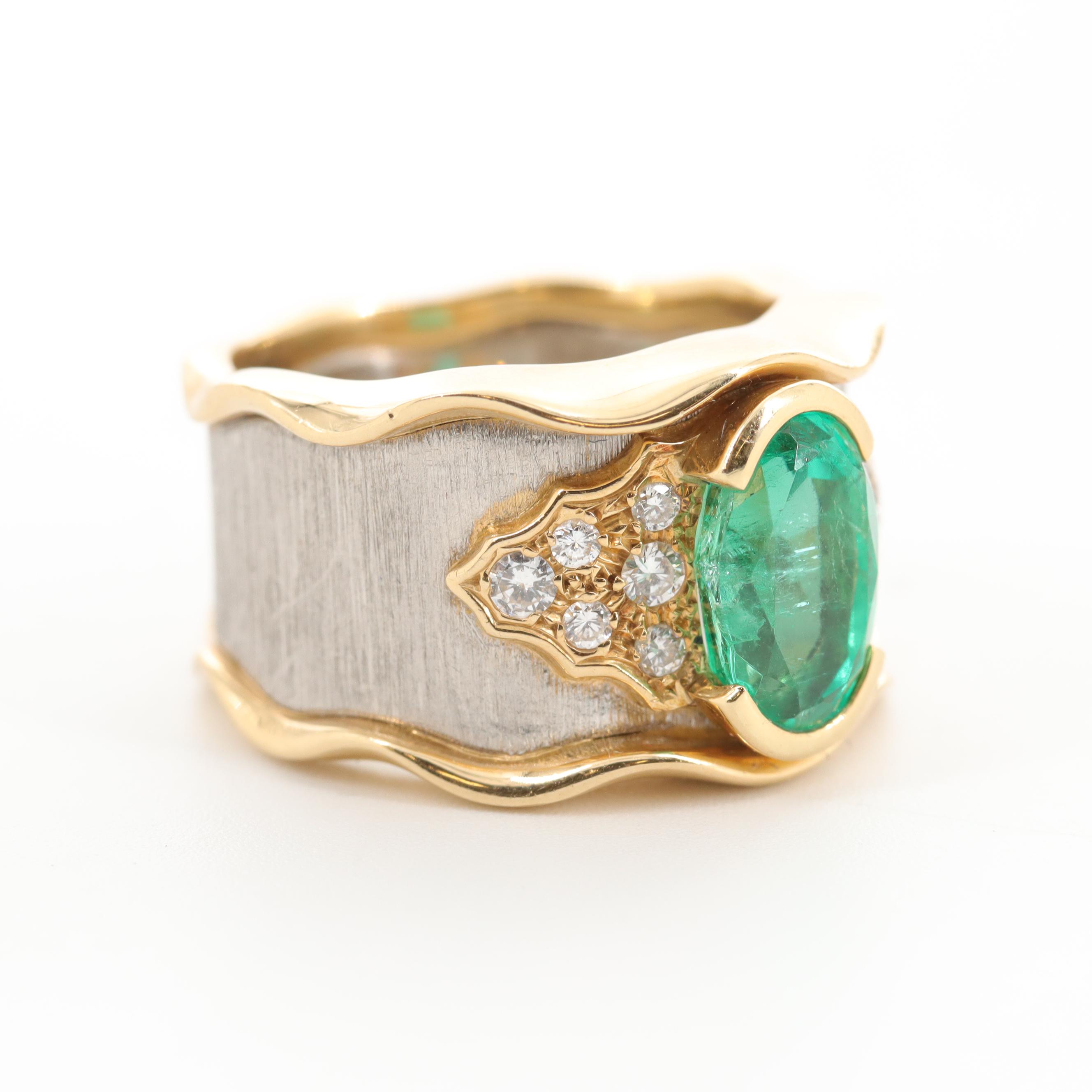 Kenji Kiuchi 18K Yellow Gold and Platinum 1.89 CT Emerald and Diamond Ring