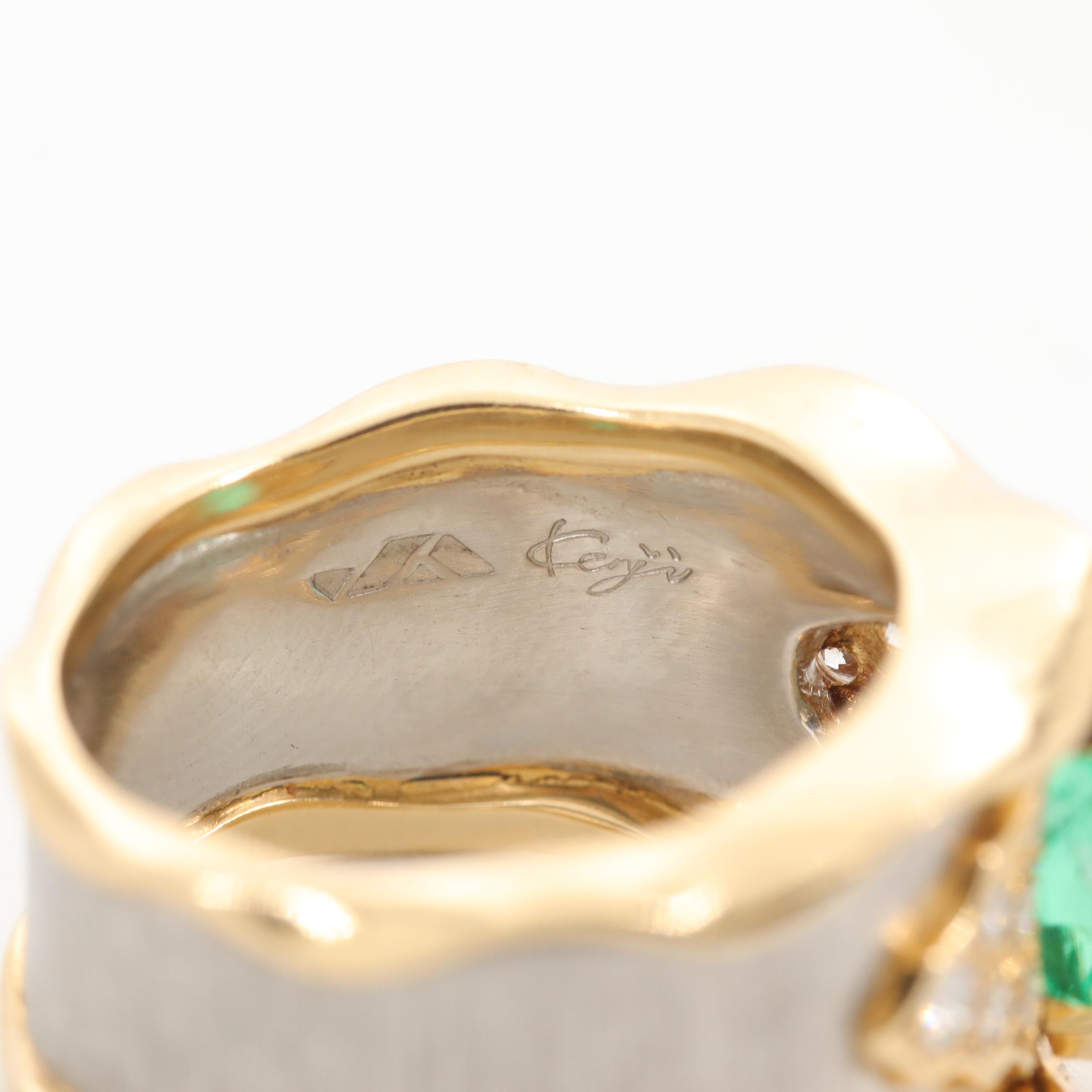 Kenji Kiuchi 18K Yellow Gold and Platinum 1.89 CT Emerald and Diamond Ring