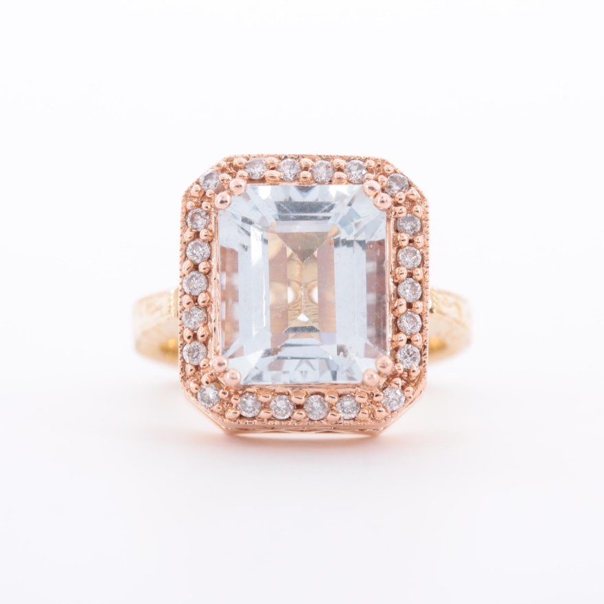 14K Rose and Yellow Gold 5.48 CT Aquamarine and Diamond Ring