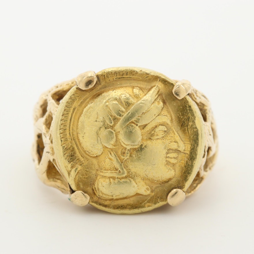 14K Yellow Gold Ring with Replica Ancient Athens Greek Gold Drachm Coin