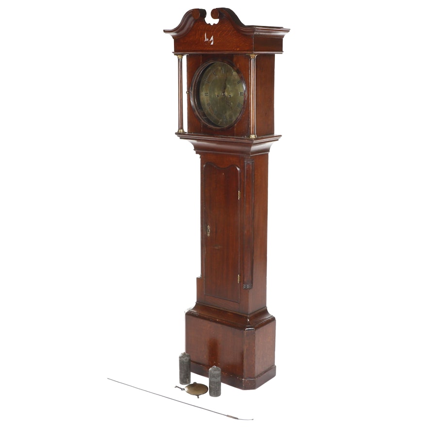 Federal Style Stained Oak Tallcase Clock with Brass Face, 19th Century