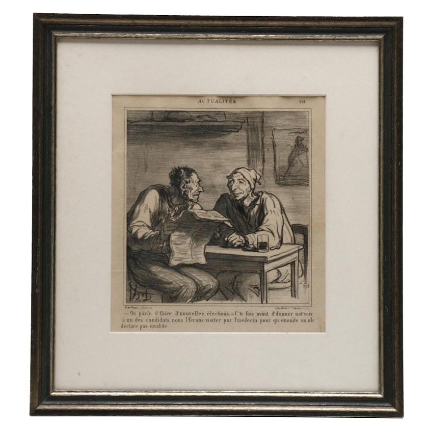 1869 Lithograph After Honoré Daumier "They're talking about new elections"