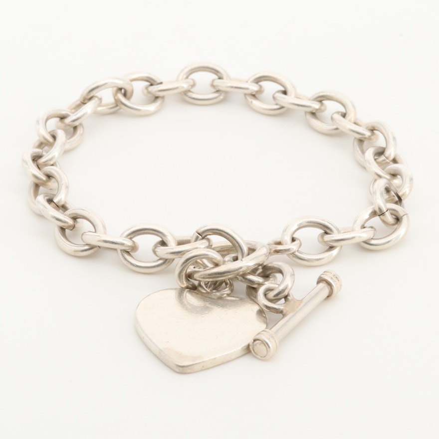 Sterling Silver Cable Link Bracelet with a Heart Charm Motif