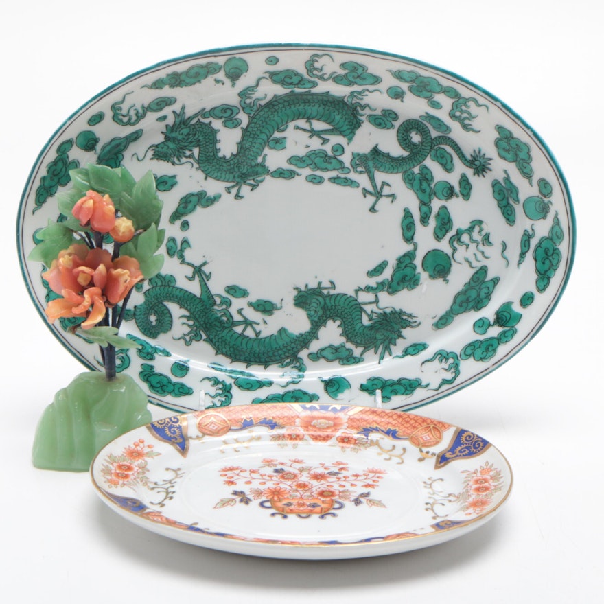 Chinese Jadeite Floral Arrangement with Porcelain Serving Platters
