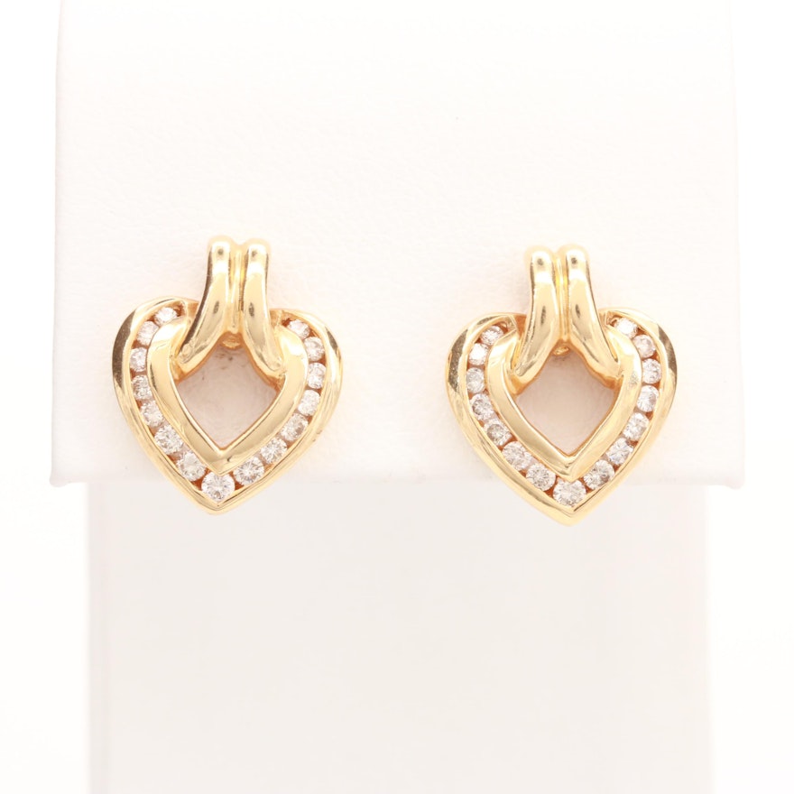 14K Yellow Gold Diamond Heart Earrings