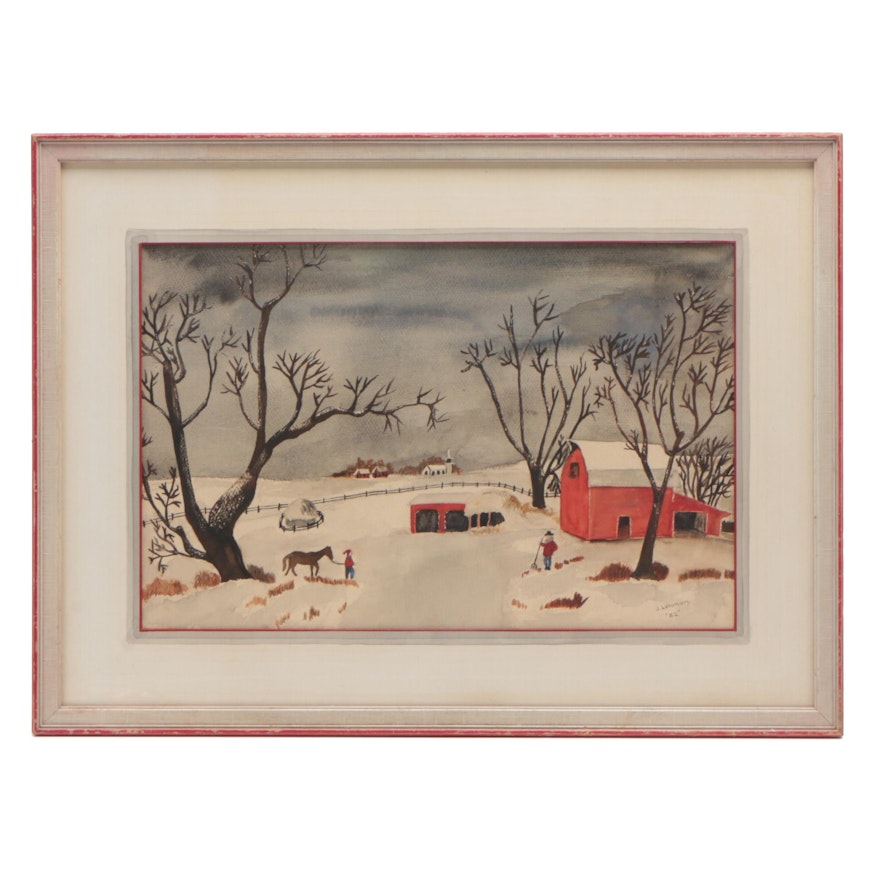 J. Lehman 1952 Watercolor Painting of Winter Pastoral Scene