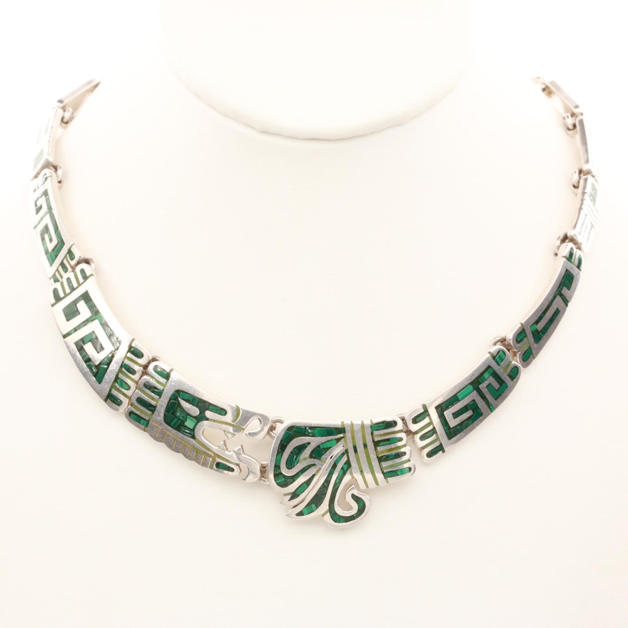 Taxco Sterling Silver Malachite Inlay Quetzalcoatl Necklace