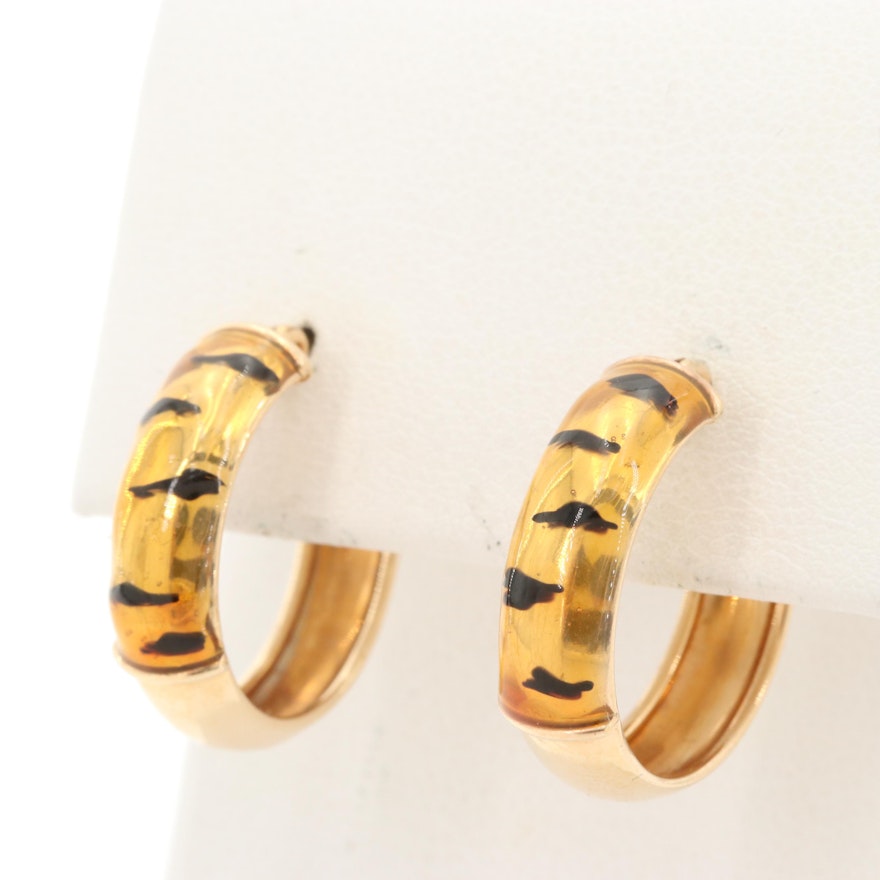 14K Yellow Gold Enamel Hoop Earrings