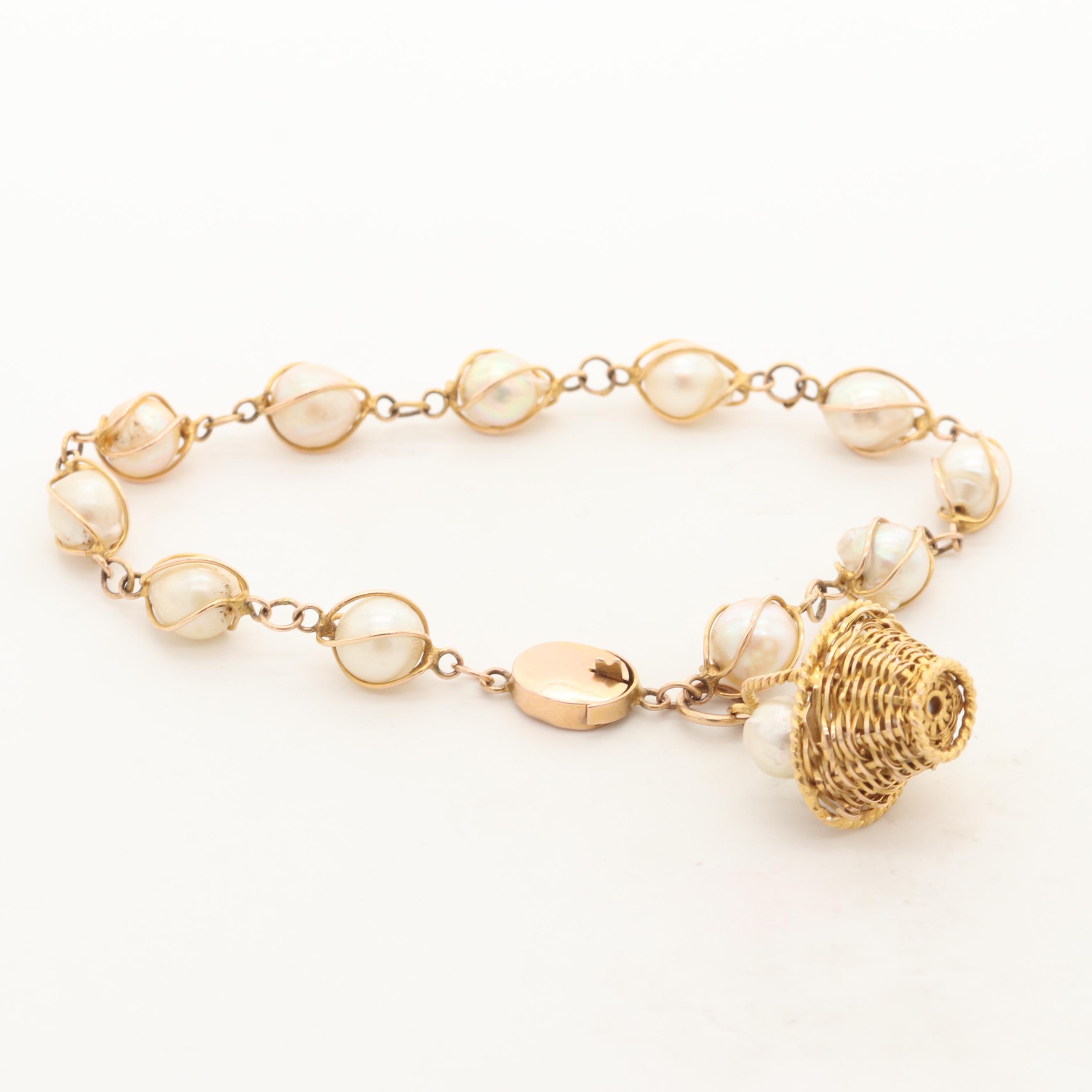 14K Yellow Gold Cultured Pearl Bracelet with 18K Yellow Gold Basket Charm