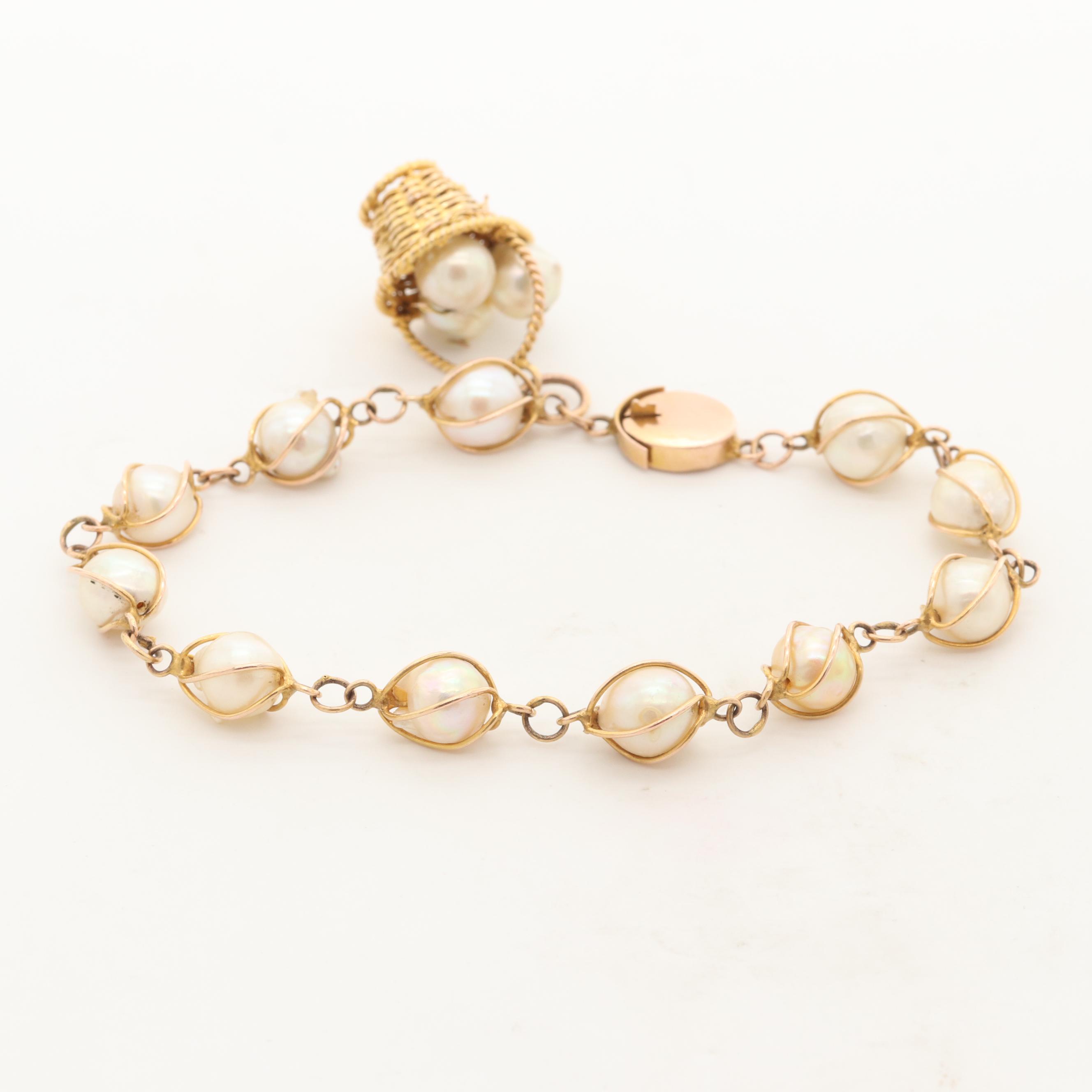 14K Yellow Gold Cultured Pearl Bracelet with 18K Yellow Gold Basket Charm
