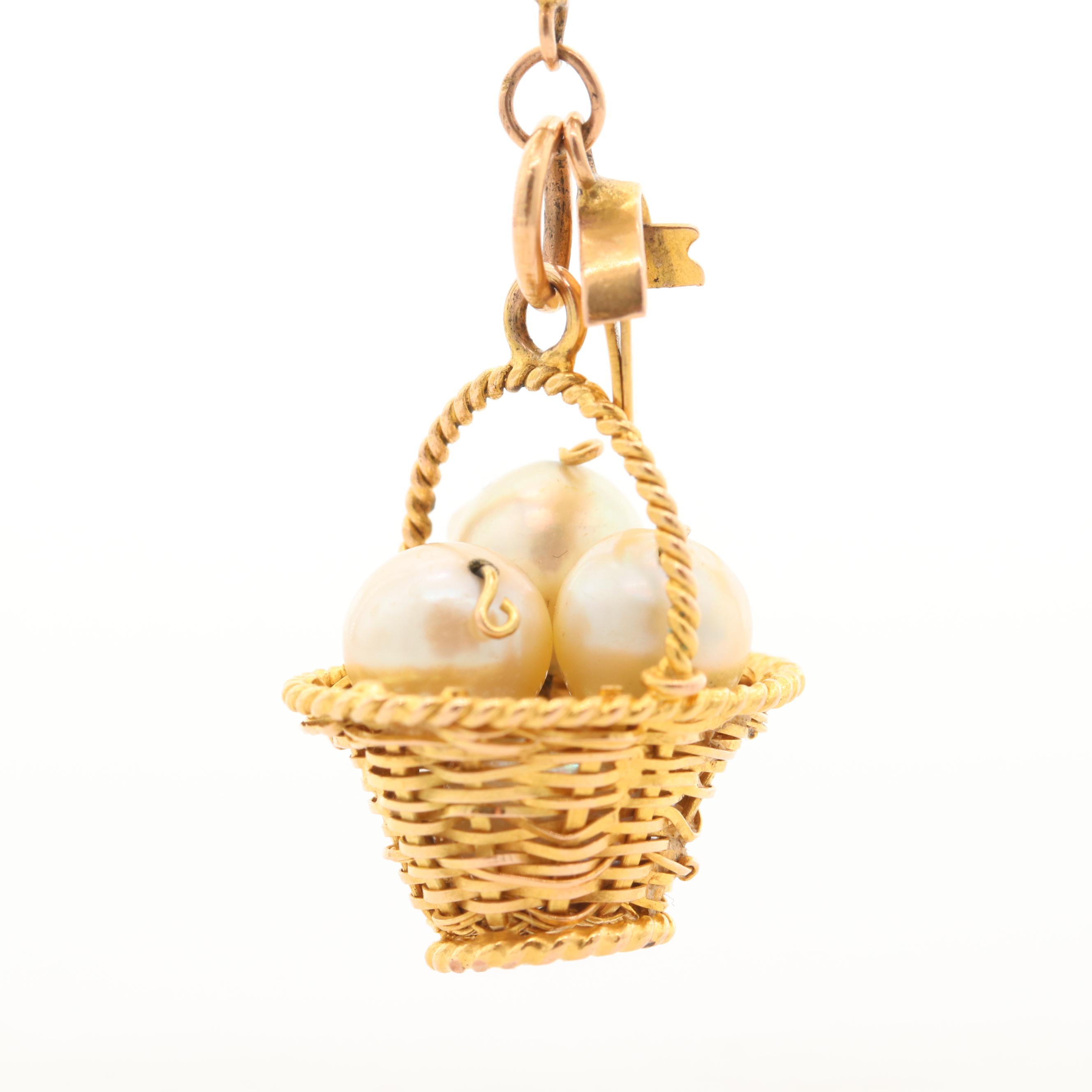 14K Yellow Gold Cultured Pearl Bracelet with 18K Yellow Gold Basket Charm