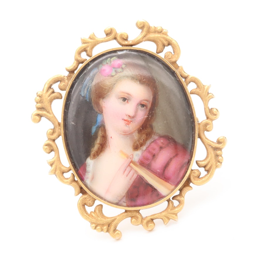 Mid-Victorian 14K Yellow Gold Painted Porcelain Portrait Brooch