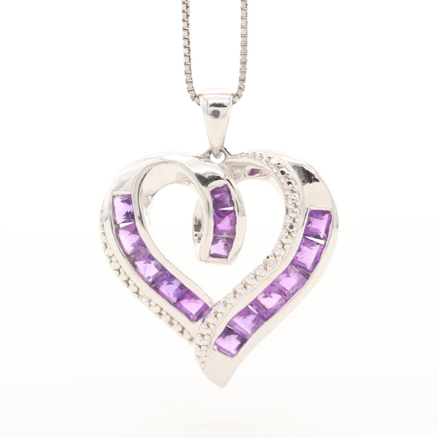 Sterling Silver Amethyst and Diamond Heart Pendant Necklace