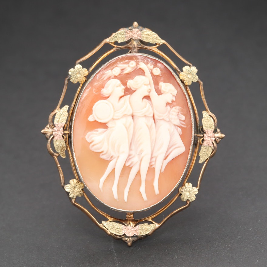 Vintage Shell Cameo Converter Brooch Depicting The Three Graces