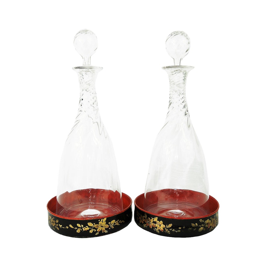 Hand Blown Glass Decanters and Chinoiserie Style Lacquered Coasters,19th Century