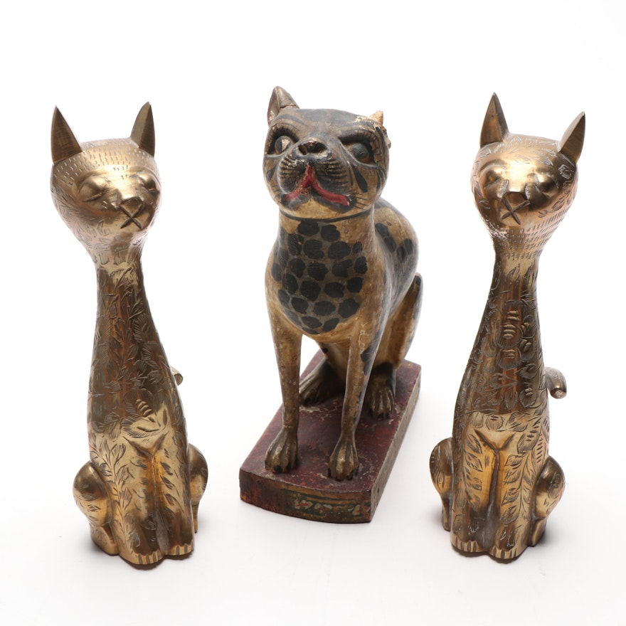 Pair of Indian Brass Finish Cat Figurines with Painted Wood Cat Figurine