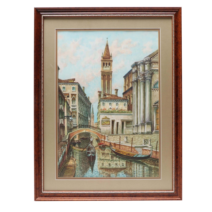 Saverio de Bello Venice Canal Gondola Watercolor Painting