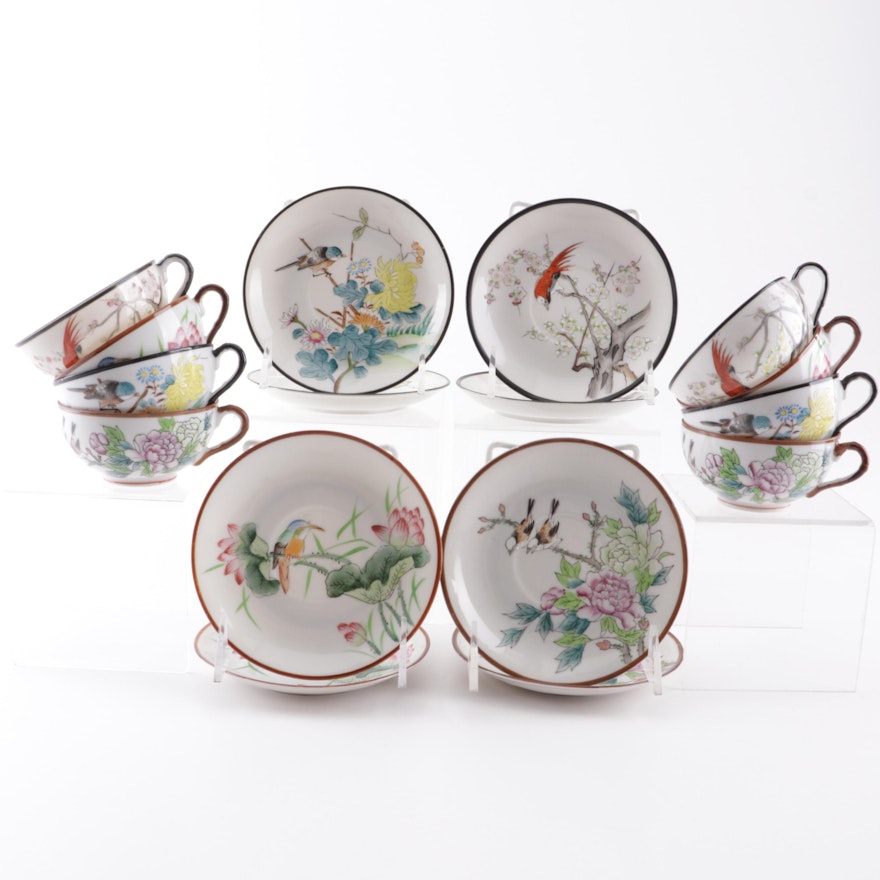 Japanese Flower and Bird Motif Cups and Saucers