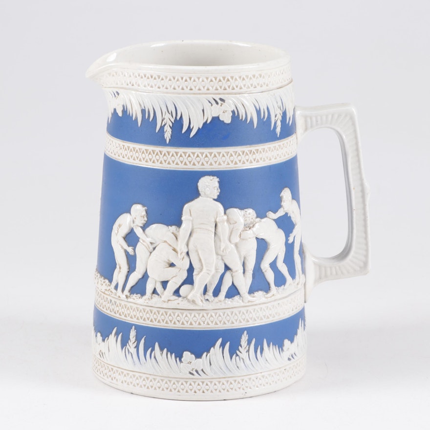Copeland Late Spode Football Motif Blue and White Ceramic Pitcher, 1895