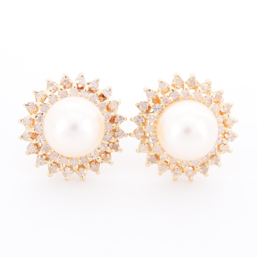 14K Yellow Gold Cultured Pearl and Diamond Stud Earrings