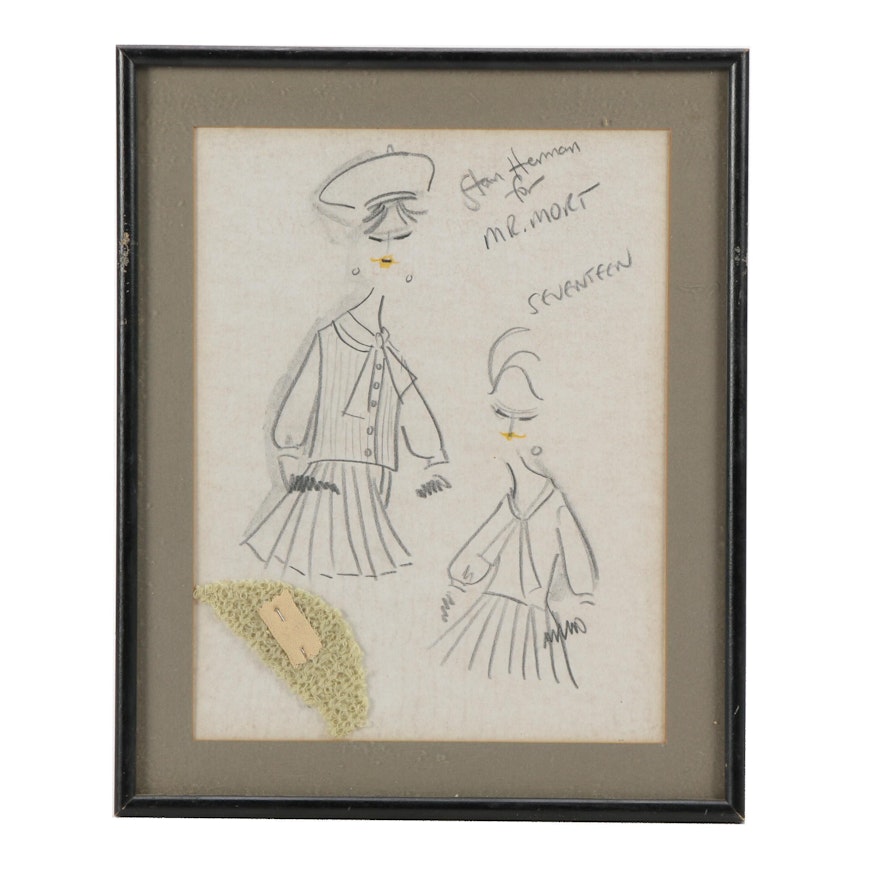 Stan Herman Graphite Fashion Illustration with Fabric Swatch
