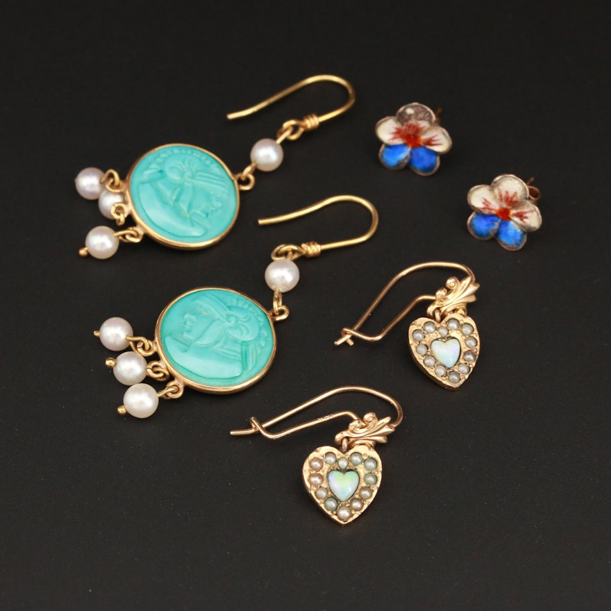 Vintage Assortment of Mixed Gold and Gemstone Earrings with Opal and Turquoise