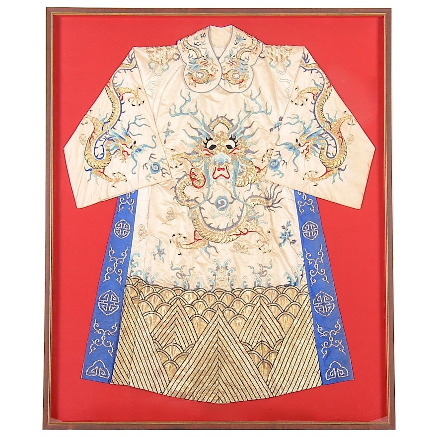 Chinese Five-Clawed Imperial Dragon Robe with Collar in Frame, Qing Dynasty