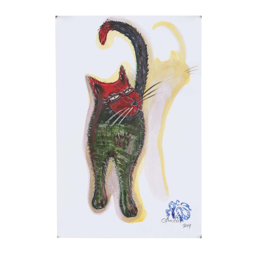 Cesar Araos Outsider Art Acrylic Painting "Gato"